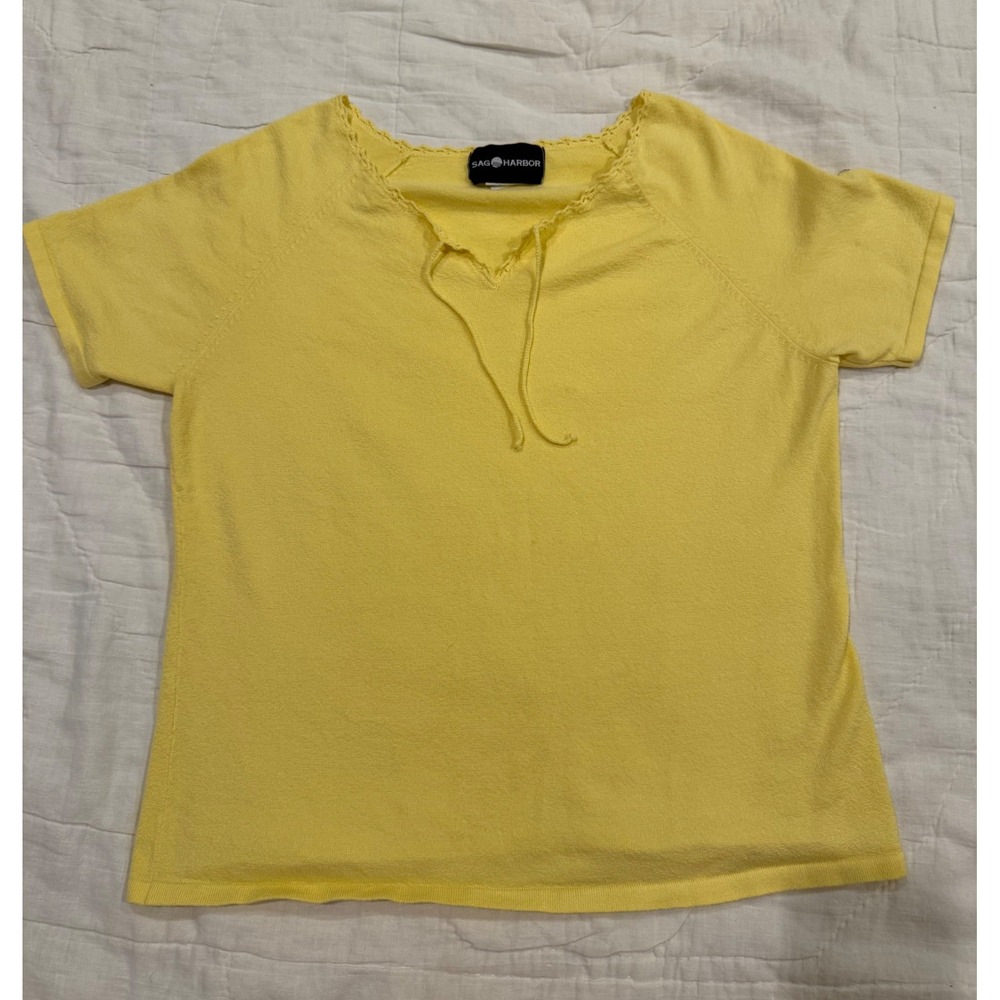 Sag Harbor Yellow Short Sleeve Knit Top Crochet Neck Tie Medium Terry Knit Lace